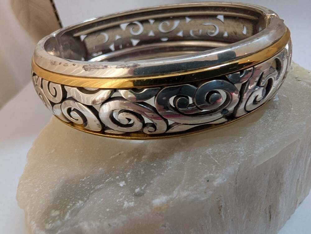Brighton Silver Tone Gold Accent Wide Scroll Hinged Bangle Bracelet Fashion